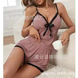 跨境欧美性感露胸吊带深V蕾丝女士睡衣Pajamas家居服套装厂家直发