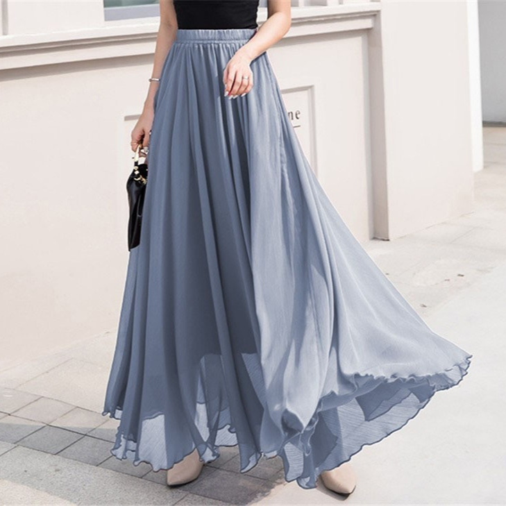 Independent Station Amazon Foreign Trade Women's Clothing European and American Spring and Summer New Solid Color Chiffon Skirt Women's High Waist Large Swing Long Skirt