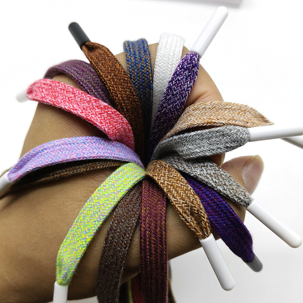 8 / 10 / 12mm poliéster / algodón mezcla hueco cuerdas planas chaqueta cuerda de plástico cabeza de cuerda de algodón colorido pantalones deportivos cuerda de cintura