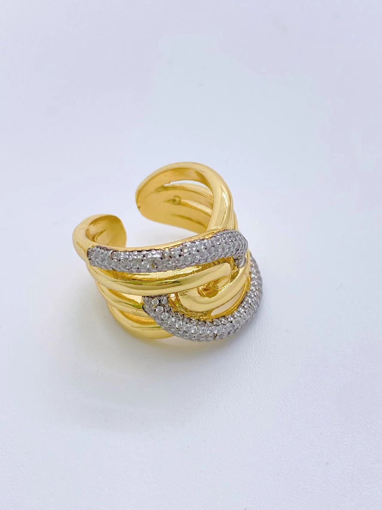 Irregular Pattern Wholesale Jewelry IG Style Irregular Copper Zircon 18K Gold Plated Mixed Metal Plating Inlay Open Rings