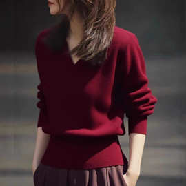 安格拉红色v领针织毛衣女装2025秋季新款气质轻奢高端女神范上衣
