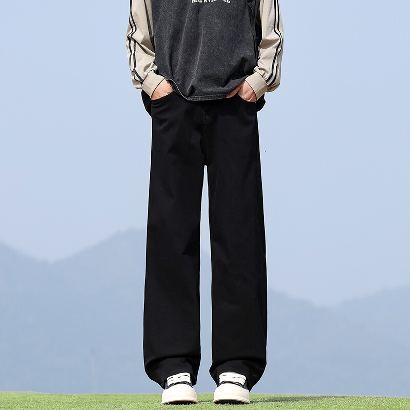 American Style Trendy Brand Cleanfit Washed Black Stretchy Loose Straight-Leg Jeans for Men, Loose Wide-Leg Casual Pants