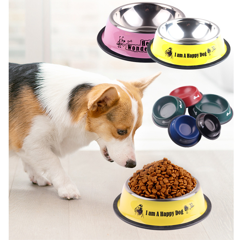 Tazón para mascotas de acero inoxidable de color Tazón para perros de dibujos animados Tazón para gatos Tazón para gatos Pintura para hornear Accesorios para perros Fabricantes de suministros para mascotas al por mayor