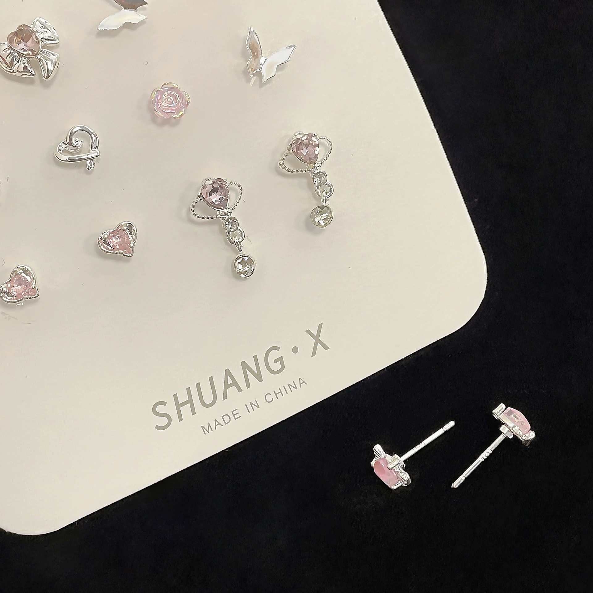 Набор серёг (SHUANG X) S925 серебряная игла, розовые кристаллы, 6 пар милый микс