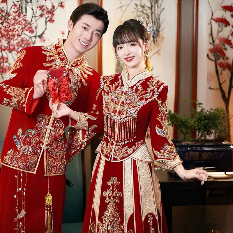 Xiuhefu 2025 新しい中国風の花嫁のウェディングドレス乾杯ドレスウェディングドレス重工業のウェディングドレス女性の春|undefined
