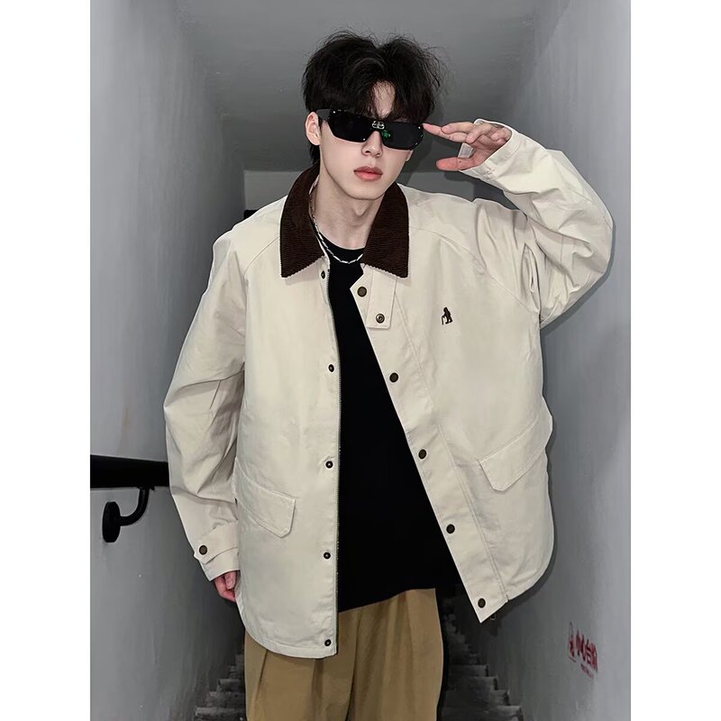 2025 Barn Style Workwear Jacket Men's American Retro Detroit Color-Block Turn-Down Collar Short Barn Men's Jacket