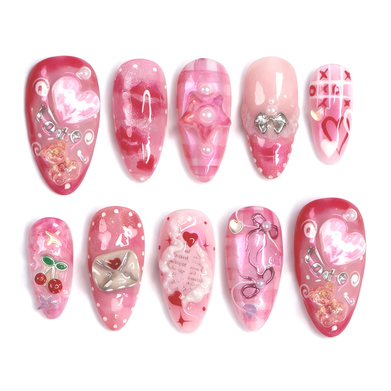30 Pieces of Cross-Border Valentine's Day Hot-Selling Almond Wearable Nails Stereo Painted Envelope Heart Butterfly Cherry Manicure Nails