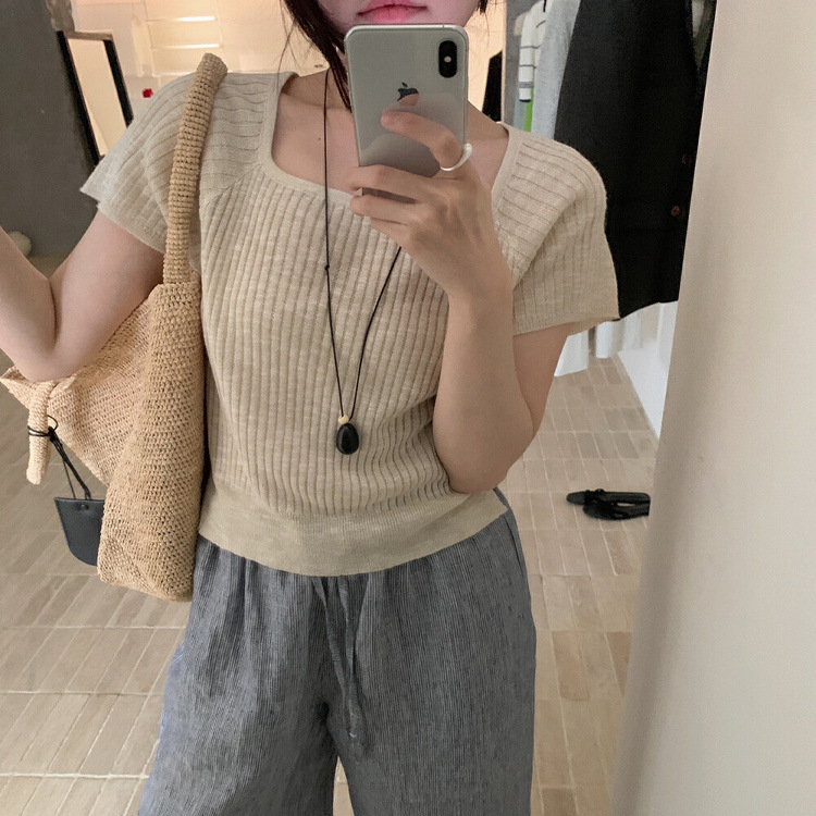 Imiss Korean Standard Square Collar Shoulder Short-sleeved Knitted Sweater Women's 2025 Summer Rear Strap Thin Slim-fit Short Top