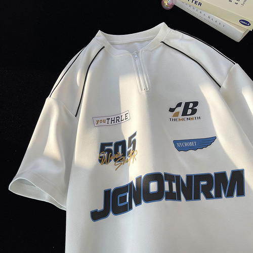 Half-zip short-sleeve polo shirt for men, summer loose American retro t-shirt, niche trendy brand, fashion pure cotton seven-quarter sleeve