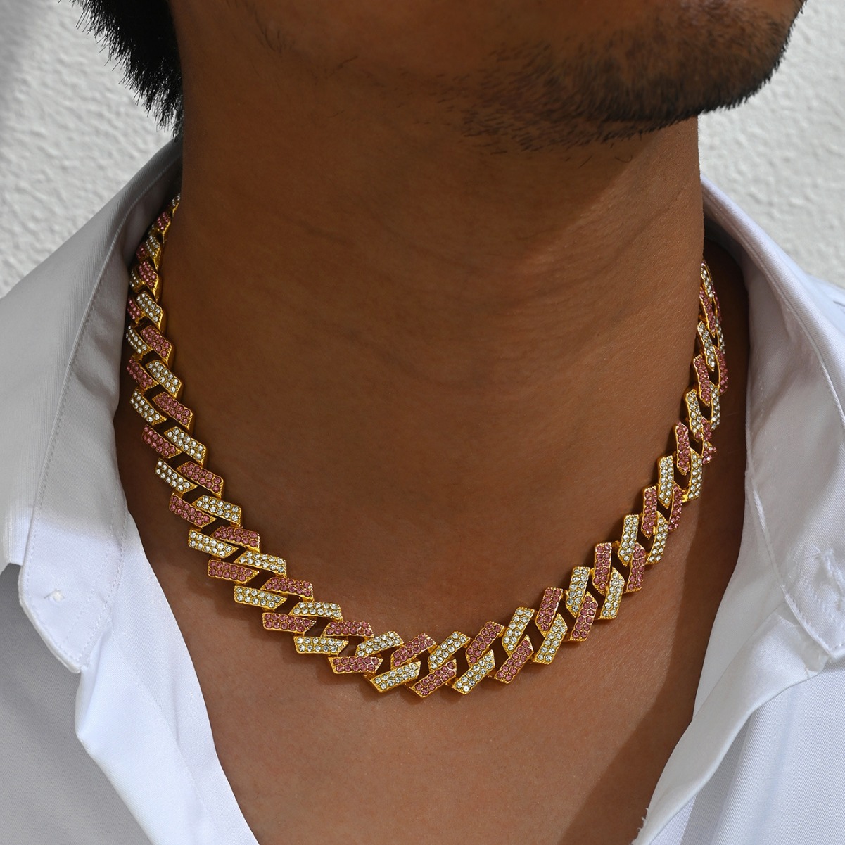 Men's Double Row Diamond Cuban Chain Necklace For Stylish Look_voghion.com