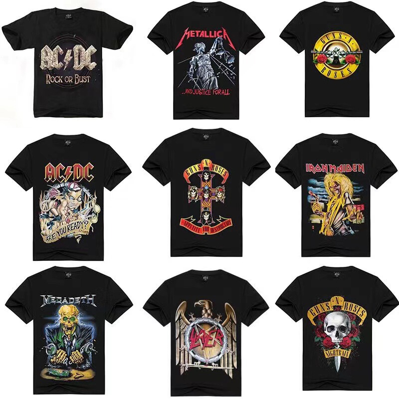 Rock Band Acdc Short-Sleeved T-Shirt Megadeth Gun Flower Metallica Simple Loose Queen Round Neck Men