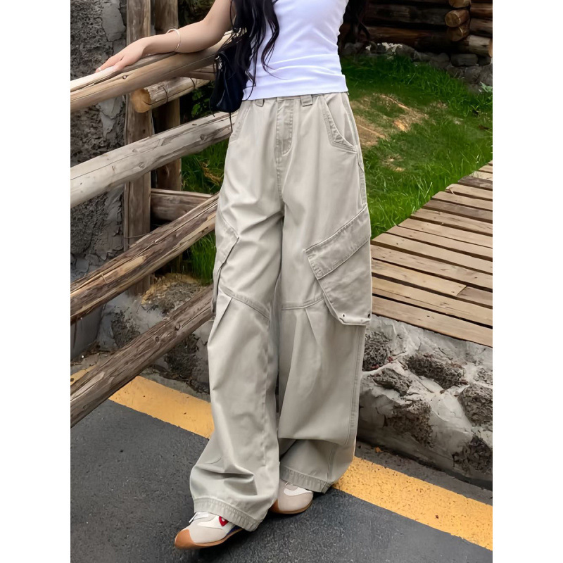 女性用の小さなアメリカンレトロワークウェアワイドレッグジーンズ、ハイウエスト、ルーズ、スリムストレートパンツ、ドレープフロアレングスパンツ|undefined