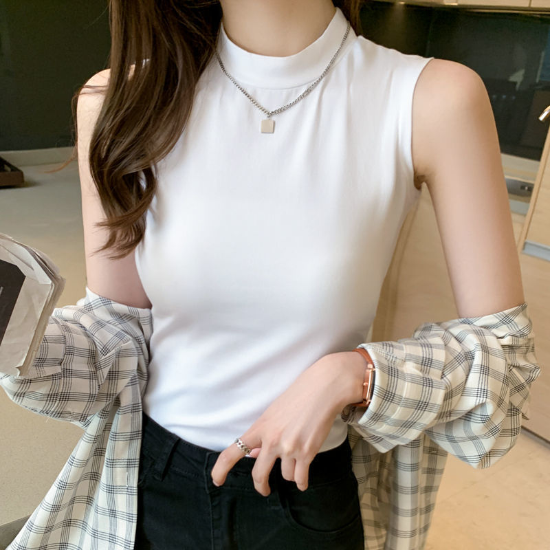 White Turtleneck Sleeveless T-Shirt Women's Racer Vest Halter Top Outer Wear Pure Cotton Mid-Collar Tight Pure Color Inner Wear
