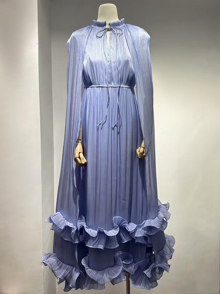 ​​Opern-Cape-Kleid – Doppellagiger Rüschenbesatz und Empire-Taille (Marineblau/Rouge/Schokolade, Polyestermischung, fließende A-Linien-Silhouette für majestätische Präsenz)​​_voghion.com