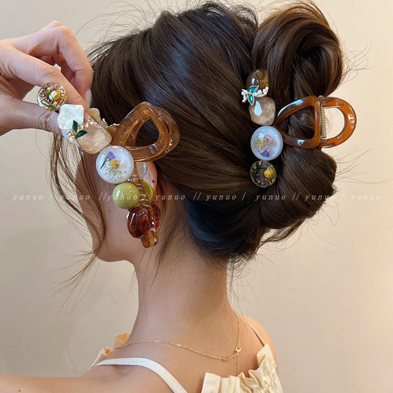korean style retro fresh preserved fresh flower grip female 2025 new high sense back head barrettes temperament shark clip