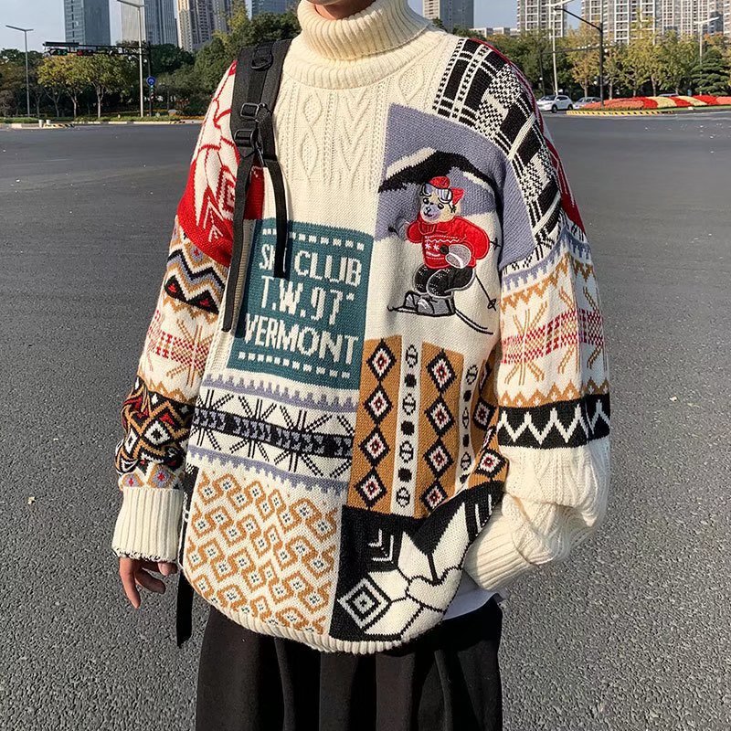 American Christmas Bear Sweater Men's Lazy Style Retro High Collar Knitted Sweater Autumn and Winter Japanese Style Outfit Couple's Coat Trendy