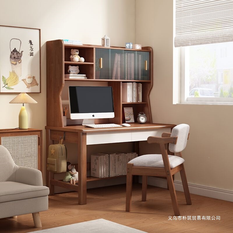 All-Solid Wood Desk, Computer Desk with Integrated Bookshelf, Study Room Bookcase, New Model for Children and Junior High School Students, Study Table for Bedroom