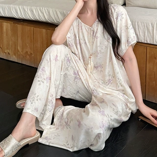 新中式国风印花睡衣女春夏季棉绸长袖长裤家居服套装可外穿大码薄