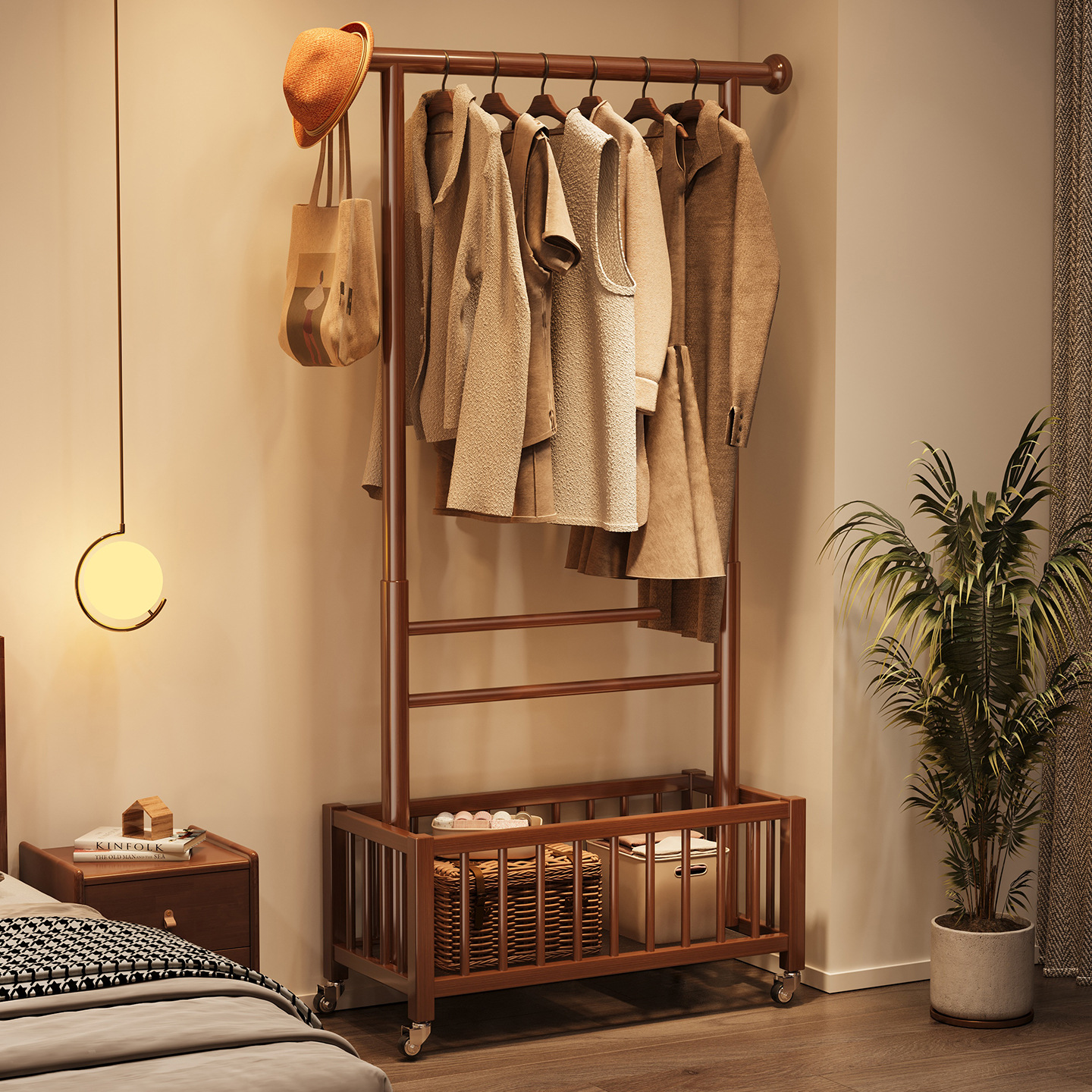 Percha de ropa de madera sólida para dormitorio móvil vertical percha de ropa para ropa doméstica almacenar cesto de ropa sucia percha de ropa integral