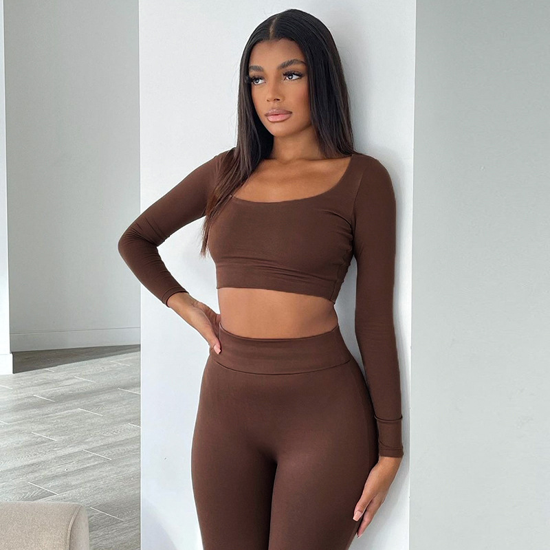 Solid Color Low Square-Neck Long-Sleeved T-Shirt & High-Waist Tight Pants Suit NSMX84177