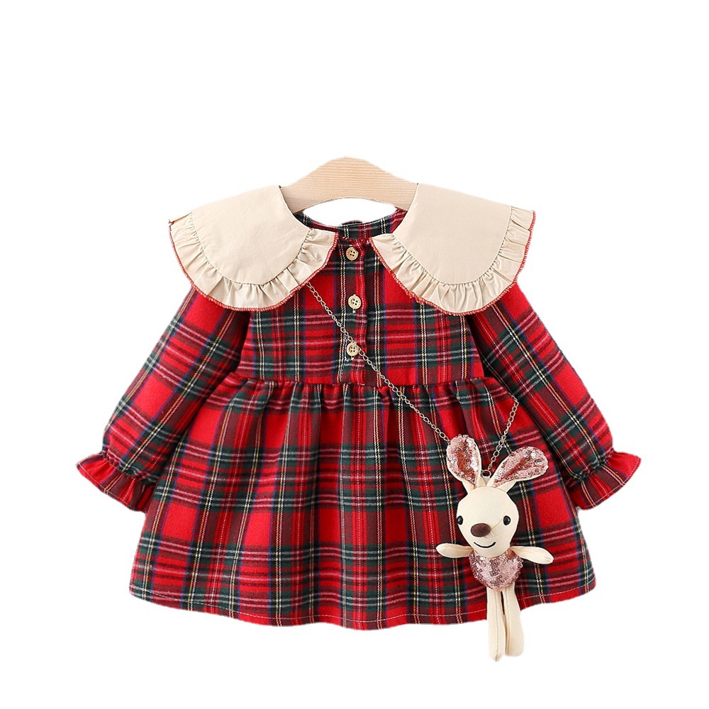 Jul Ny höst Flickrutad långärmad klänning Korean Edition Barndocka Polokrage Bomull Liten_voghion.com