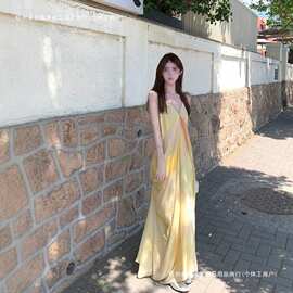法式仙女气质海边度假长裙垂坠感黄色晕染印花v领吊带连衣裙女夏