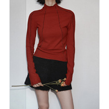 【电商专供】安可拉红半高领长袖T恤女冬小众撞色内搭打底衫上衣