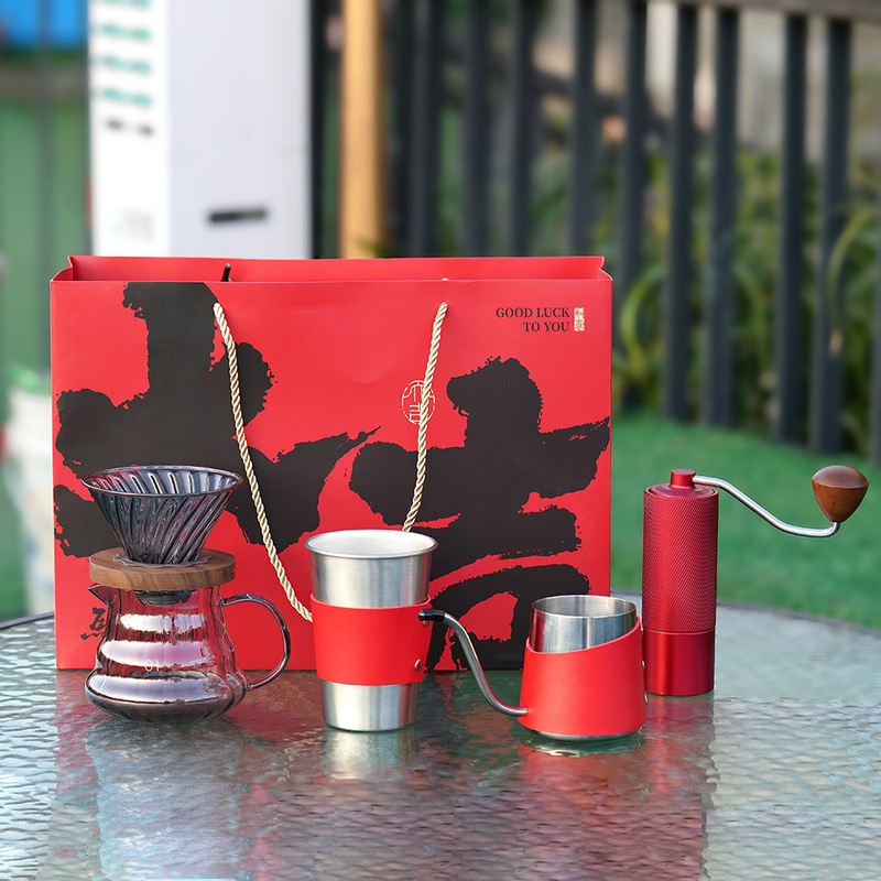 Cross-Border Hand-Brewed Coffee Set, Stainless Steel Coffee Pot with Insulated Leather Cover, Business Gift Cup for Clients