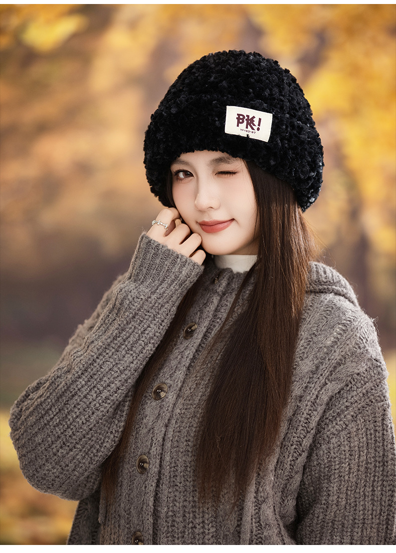 Autumn Winter New Cute Stretchy Knitted Korean Style Versatile Plush Outdoor Windproof Warm Pullover Hat_voghion.com