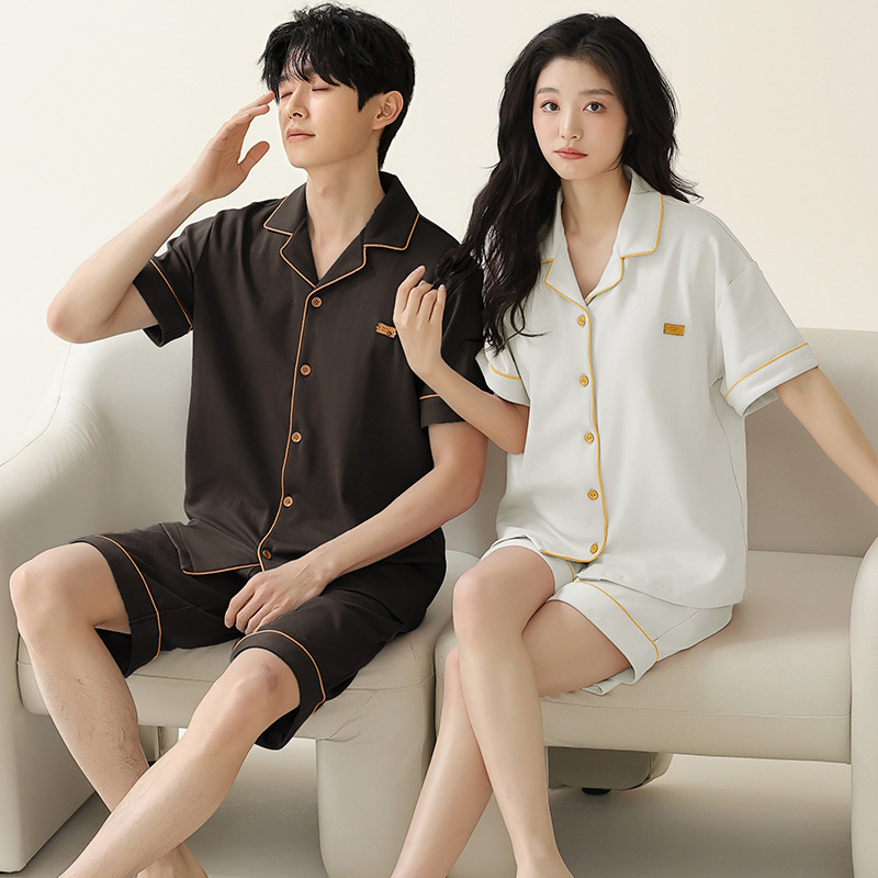 Pajamas de pareja simple mujeres verano 2024 nuevo delgado pantalones cortos de mangas cortas con solapa de algodón para hombres set de ropa de hogar