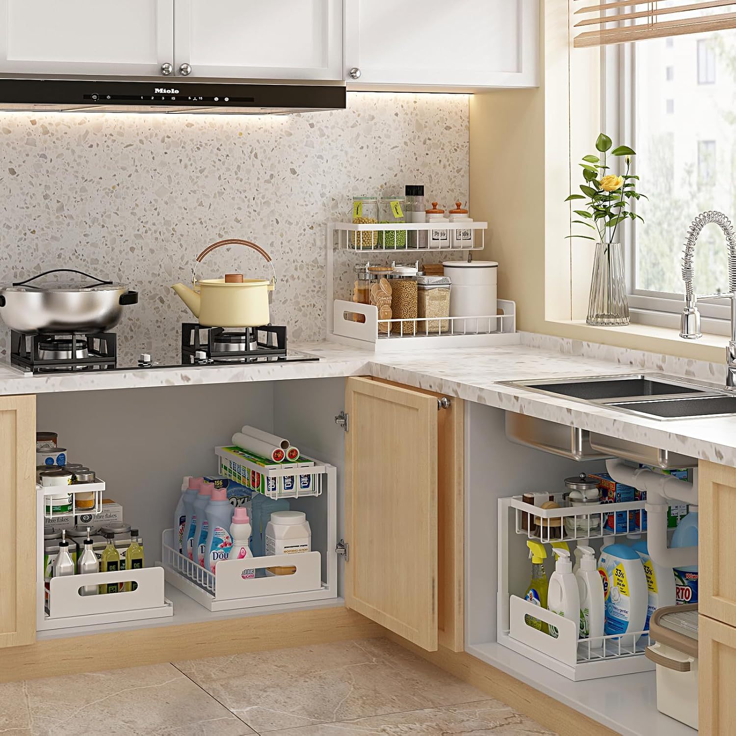 Estante de cocina de stock estante de condimento estante de almacenamiento estante de baño estante de almacenamiento de fregadero estante de acabado doméstico doble capa