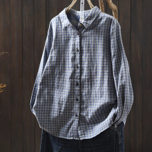 蓝色格子衬衫女春秋宽松大码双层棉纱复古休闲宽松长袖打底衬衣