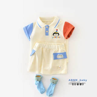 婴幼童夏季新款卡通企鹅绣花套装 韩版儿童短袖polo领两件套52002