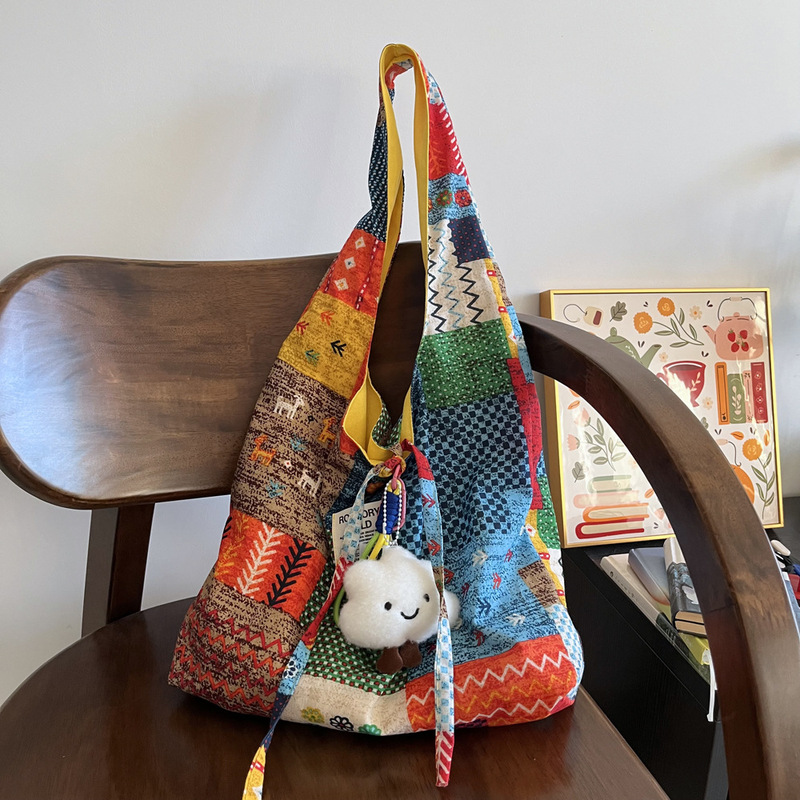 Spring and summer new vintage double-sided patchwork bag Bohemian style shoulder bag large capacity tote bag vest bag