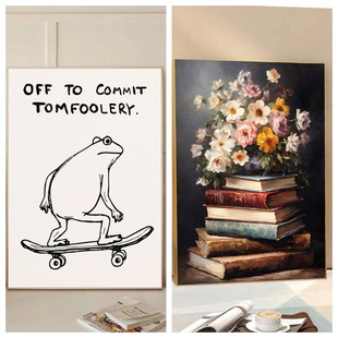New Skate Frog and Flowers on Books Art Home Bedroom Entrance Home Decoration Canvas Painting