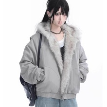 美式复古气质毛领连帽棉服女2025冬季新款夹棉加厚外套宽松棉衣女