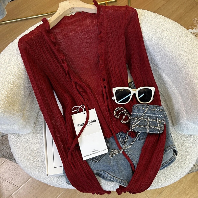 Red Lace-Up Knitted Cardigan for Women, Spring and Summer Thin Sun-Protective Jacket, Short Shawl Outerwear for Petite Figures