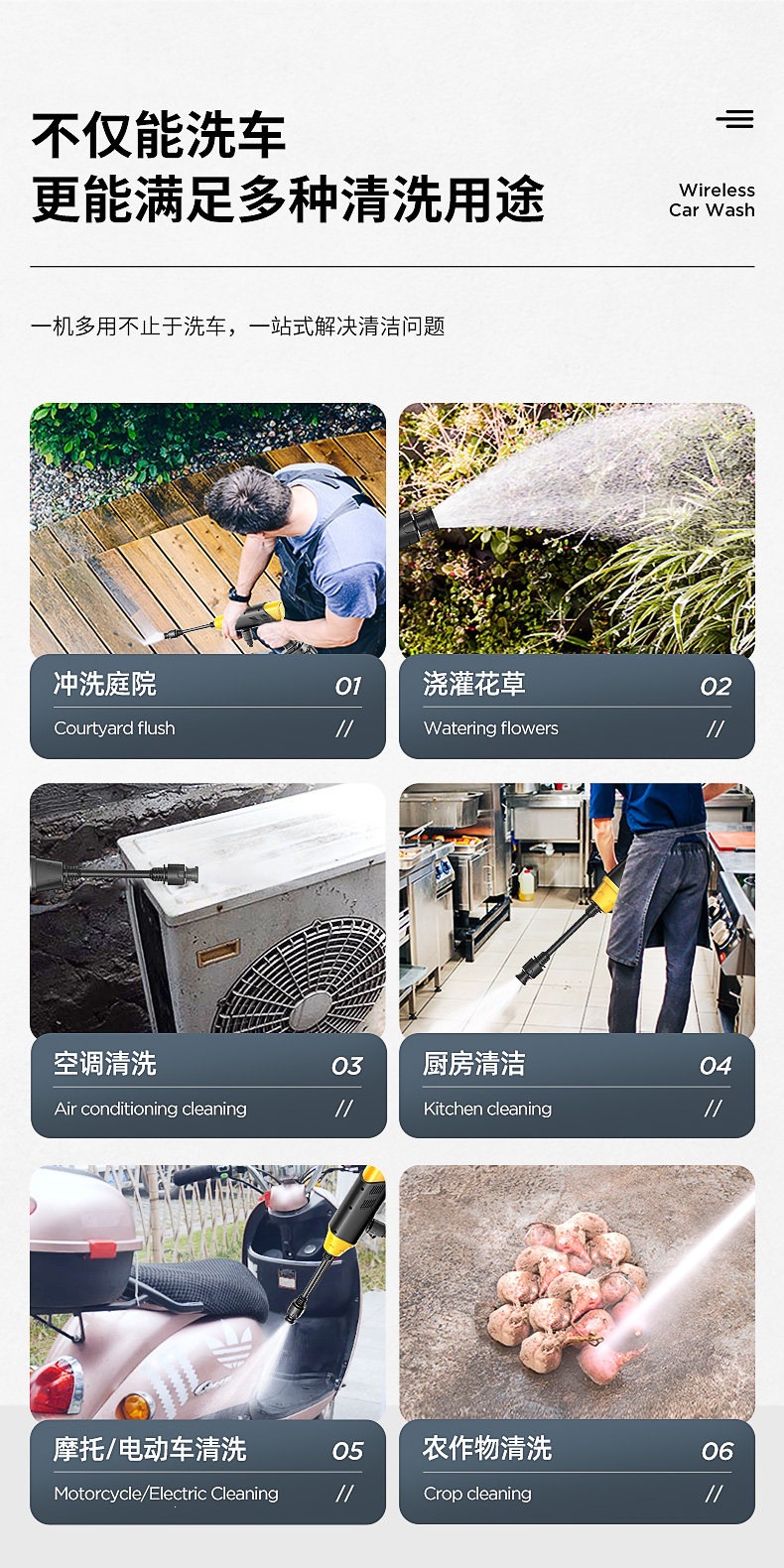 Suitable for Chigo wireless car wash machine, high-pressure water gun, home and car cleaning tool, powerful lithium battery rechargeable