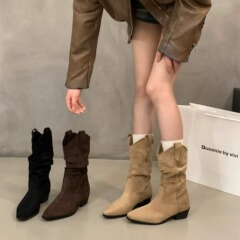 粗跟卡其色绒面堆堆中筒骑士靴女靴子2025秋冬季尖头V口瘦瘦短靴