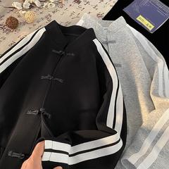 新中国式コート男2025春秋単列ボタン衛衣男ゆるいストライプ服青少年ジャケット