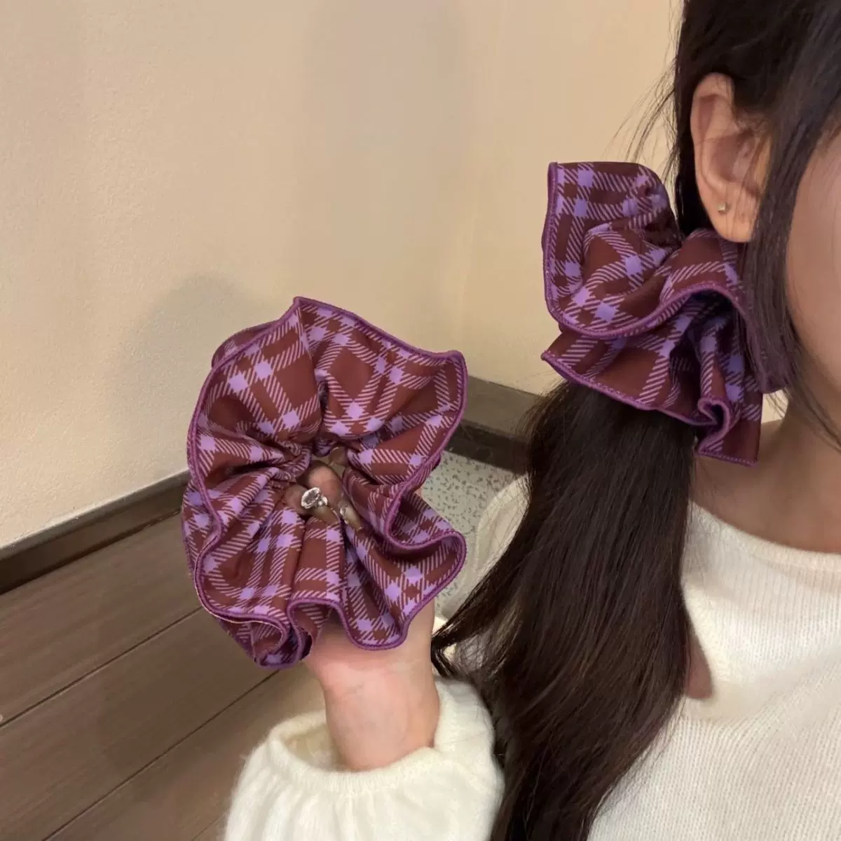 赵露思可露丽格纹发圈紫色包边双层复古学院风韩系芭蕾风丸子头花