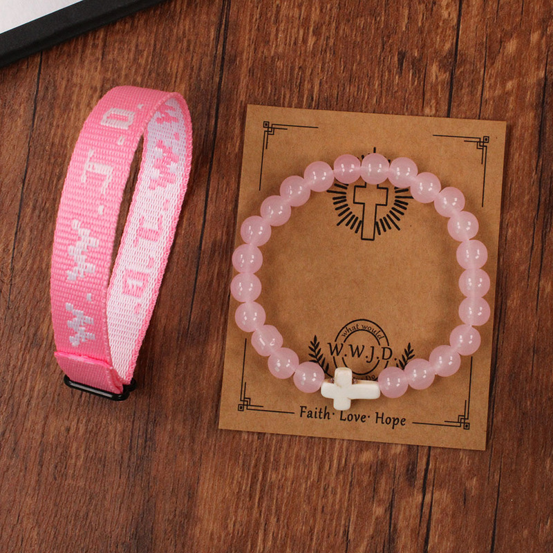 Two-Piece Set of Wwjd Bracelets with Card Lettering, Natural Stone Woven Bracelet, Cross Bracelet, Punk Cross-Border Jewelry
