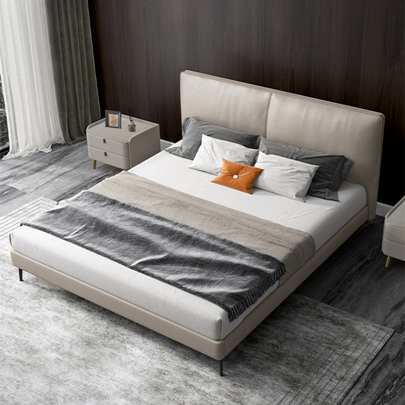 Cama de cuero real minimalista italiano cama doble de 1,8 m cama de borde de apartamento pequeño dormitorio minimalista moderno bolso suave cama de pierna alta