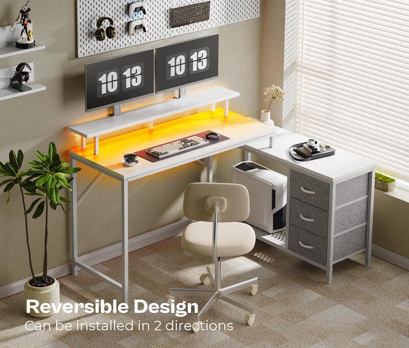 Double-Sided L-Shaped Computer Desk with Drawer with Led Lights and Power Sockets Gaming Desk Home and Office Corner Table Double-Sided L-Shaped Computer Desk with Drawer with Led Lights and Power Sockets Gaming Desk Home and Office Corner Table