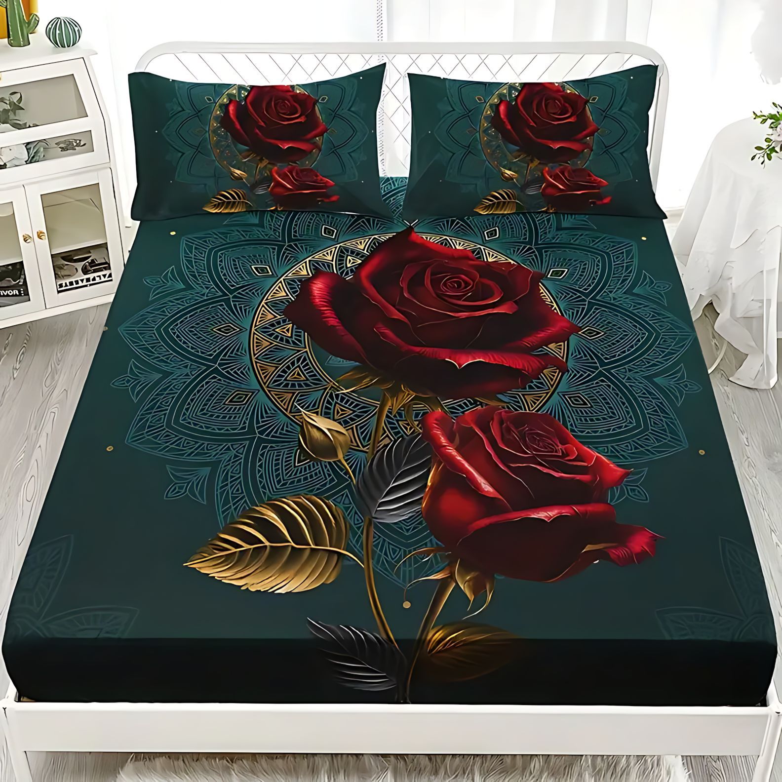 TEMU / JIT serie de rosa dorada negra impresión digital HD cama camisa colchón conjunto de dibujo se puede ajustar