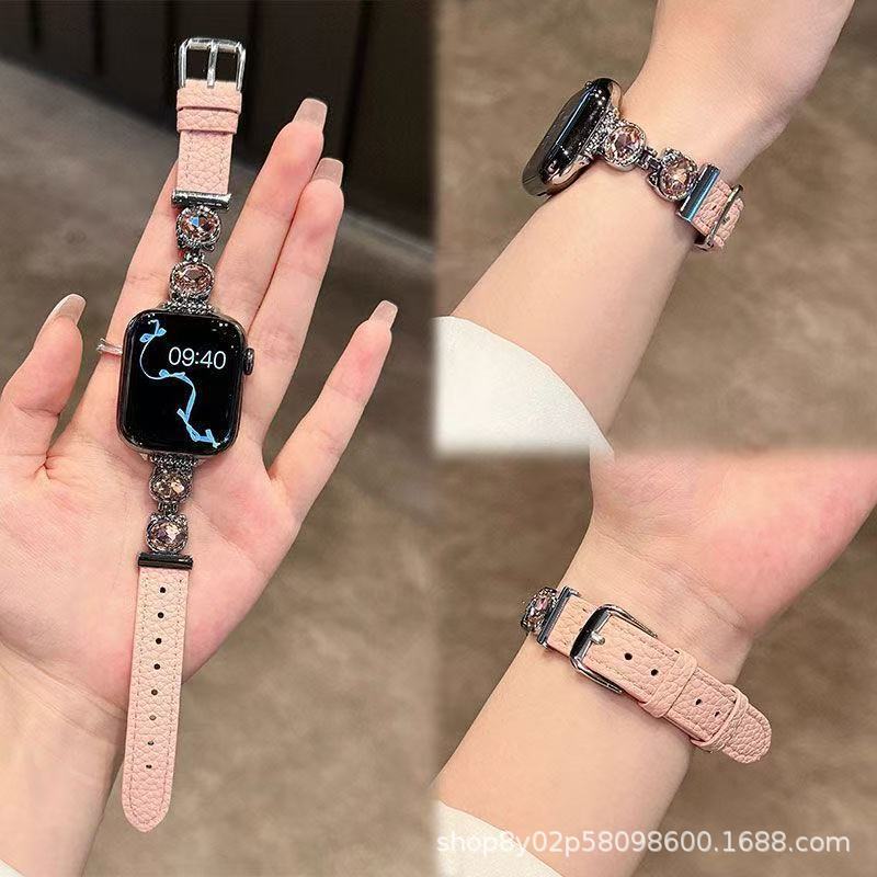 Diamond Kt Cat Suitable for Apple Iwatch11 Xiaomi Bracelet 10 Pebbled Leather Watch Strap Hello Kitty Wristband