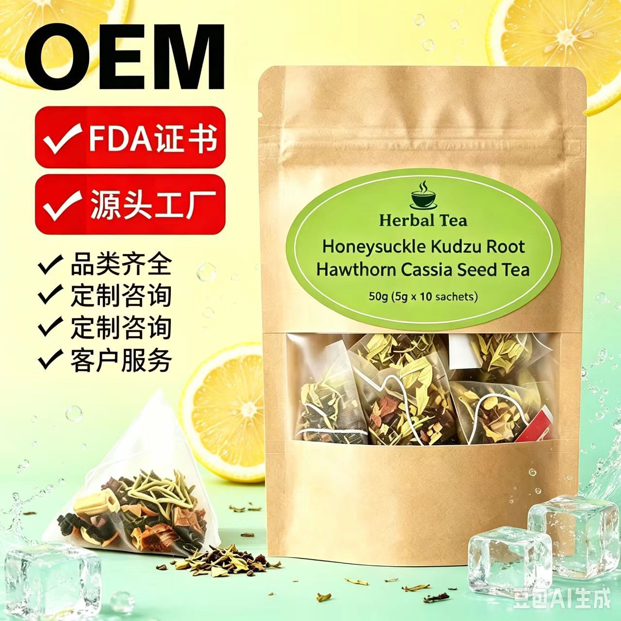Honeysuckle Kudzu Hawthorn Cassia Seed Tea 50g Triangular Tea Bags Cold Brew Herbal Blend quality and texture