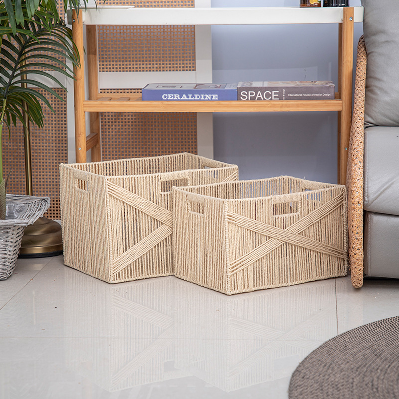 Tres botones beige almacenamiento de cuerda de papel de mano nuevo producto cuerda de papel púrpura almacenamiento de bocadillos libros juguetes cosméticos canasta de almacenamiento