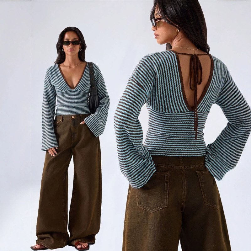 European and American cross-border women's fashion: 2026 autumn new collection, sexy and casual V-neck striped batwing sleeve knit top