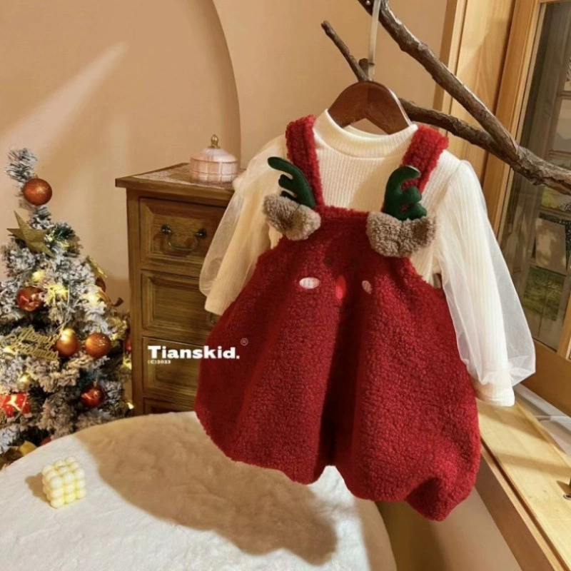Бесплатная доставка Детское платье Рождество 2023 Зимняя одежда для девочек с плюшевыми рукавами и нижней рубашкой для детской принцессы две части